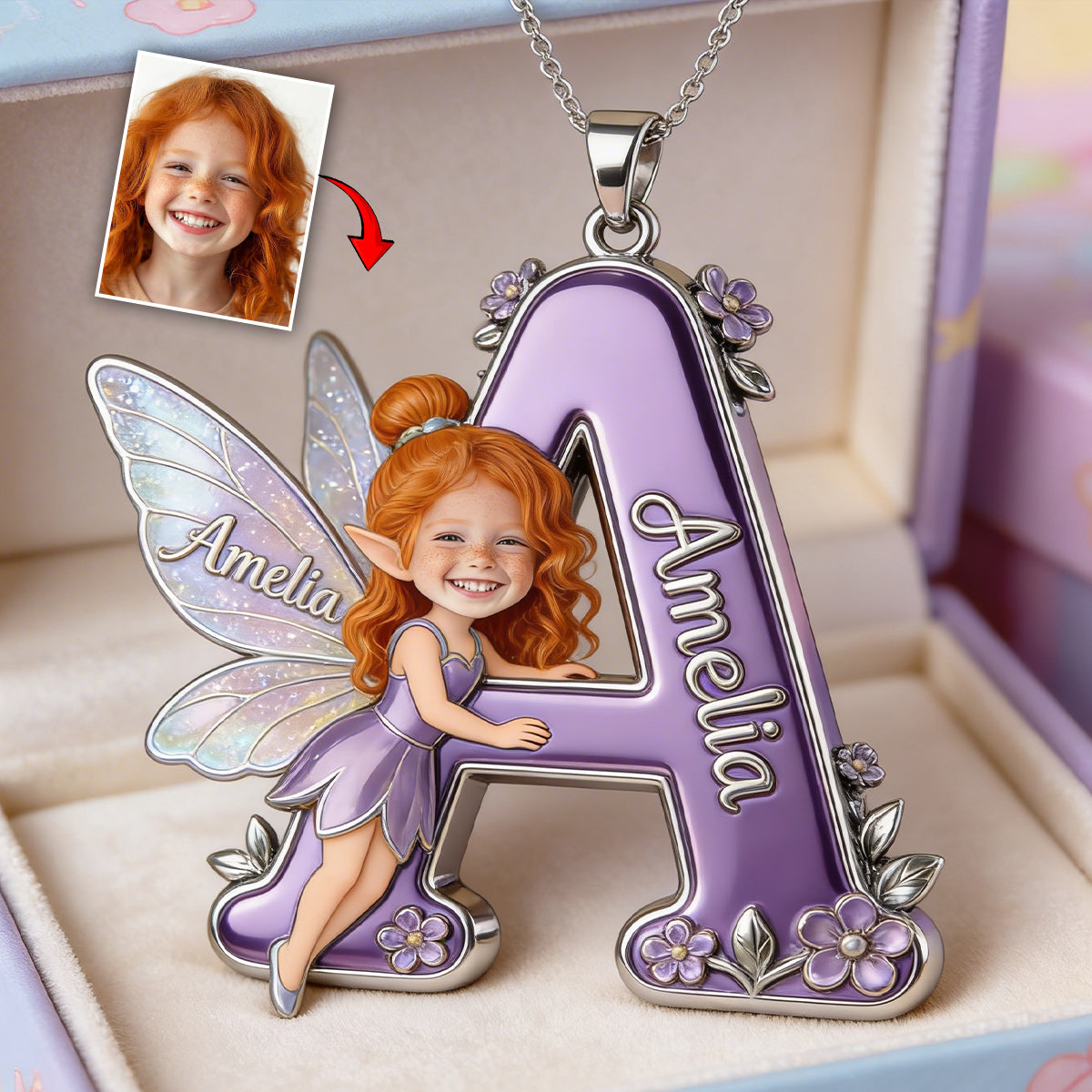 Fairy Character Alphabet Letter - Personalized Kid Shaped Metal Pendant Necklace