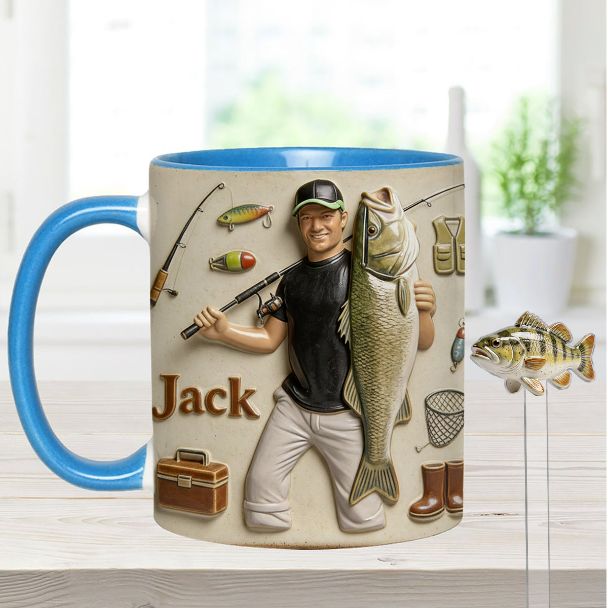 Mug décoratif personnalisé « Amoureux de la pêche » avec agitateurs en acrylique