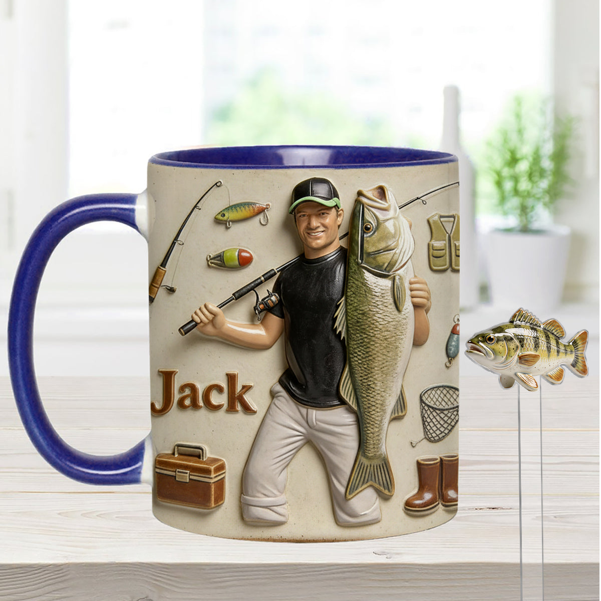 Mug décoratif personnalisé « Amoureux de la pêche » avec agitateurs en acrylique