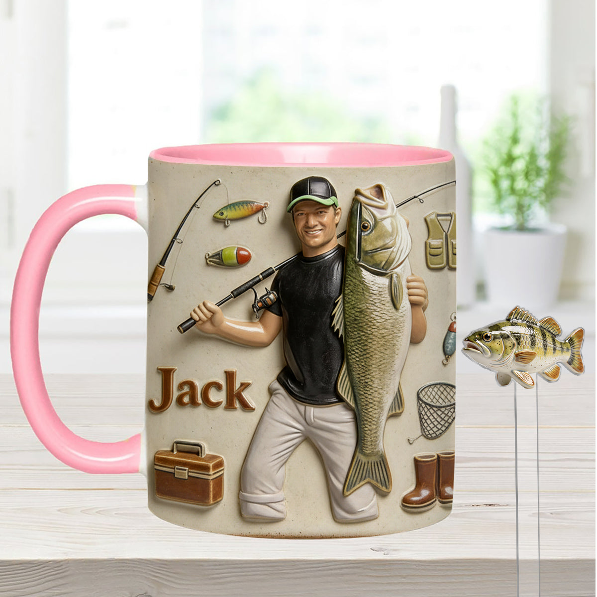 Mug décoratif personnalisé « Amoureux de la pêche » avec agitateurs en acrylique