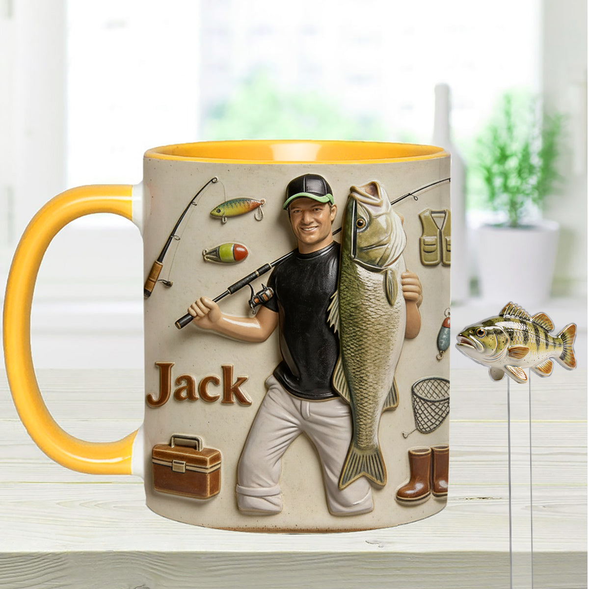 Mug décoratif personnalisé « Amoureux de la pêche » avec agitateurs en acrylique