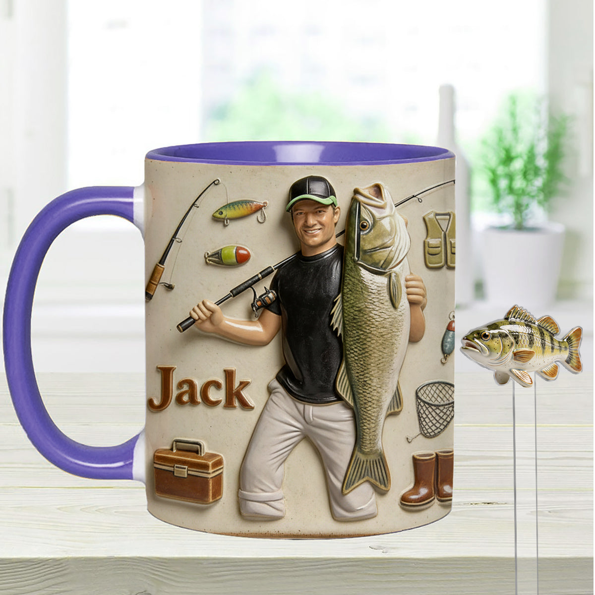 Mug décoratif personnalisé « Amoureux de la pêche » avec agitateurs en acrylique