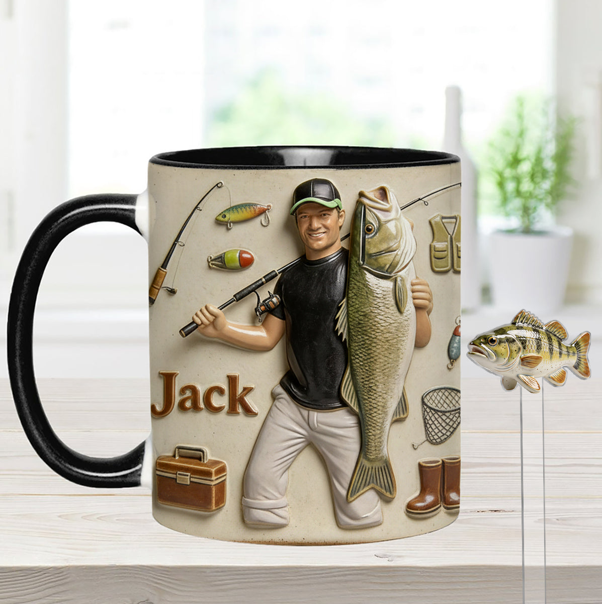 Mug décoratif personnalisé « Amoureux de la pêche » avec agitateurs en acrylique