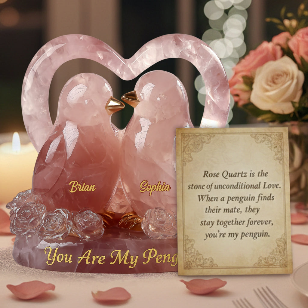 Tu es mon pingouin, couple de pingouins style quartz rose - Plaque acrylique personnalisée pour couple