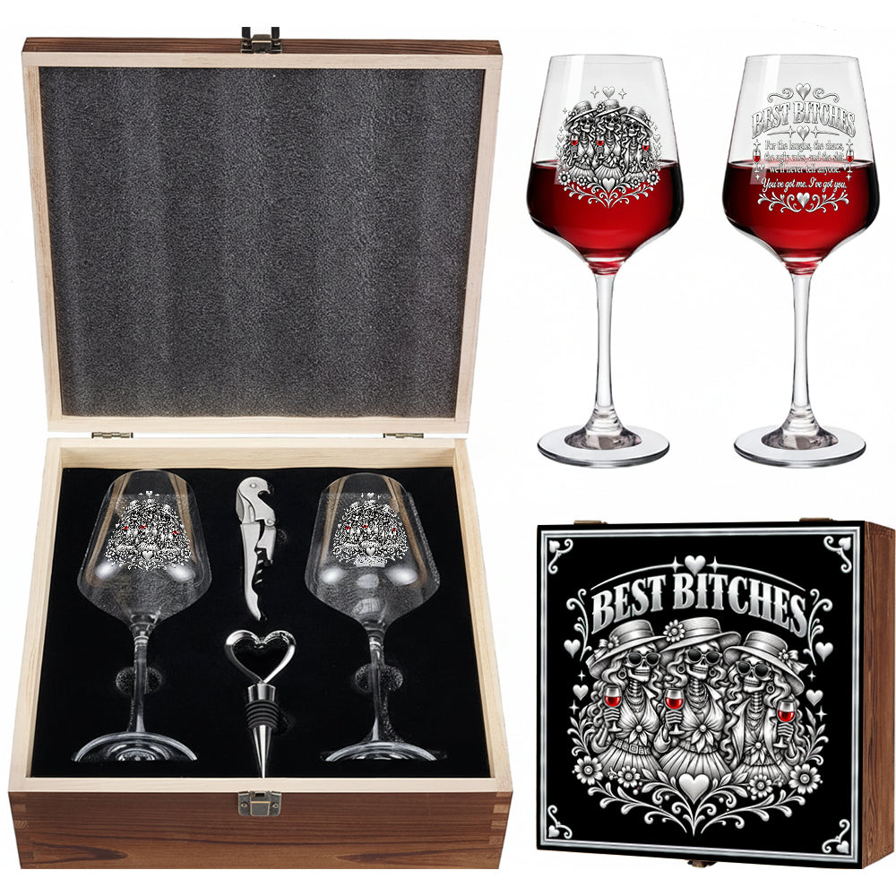 Chaos Together - Personalized Bestie Wine Glasses Set With Wooden Box