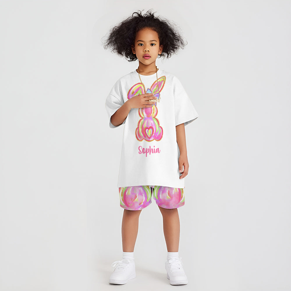 Colorful Brushstroke Easter Bunnies - Personalized Kid T-shirt & Shorts