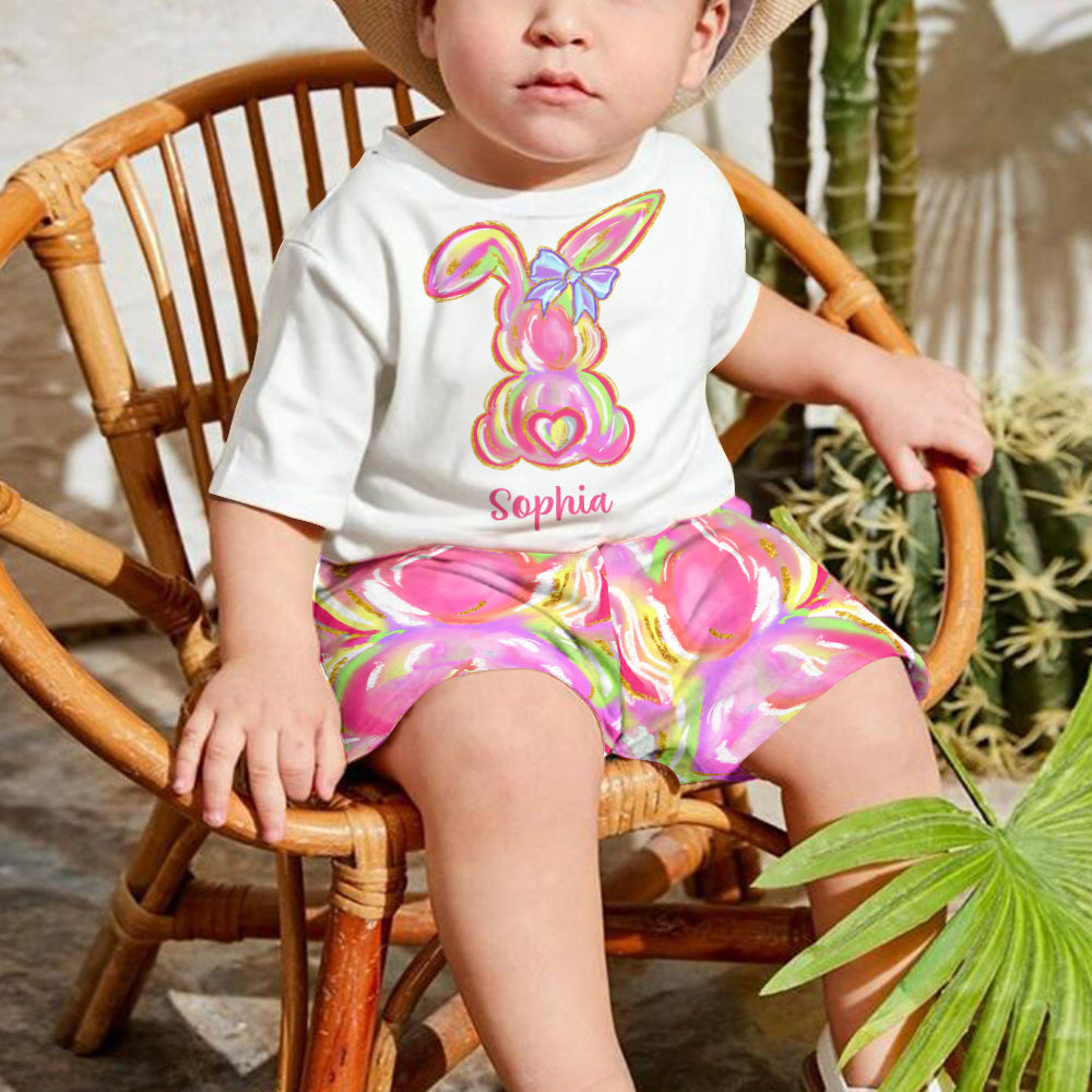 Colorful Brushstroke Easter Bunnies - Personalized Kid T-shirt & Shorts