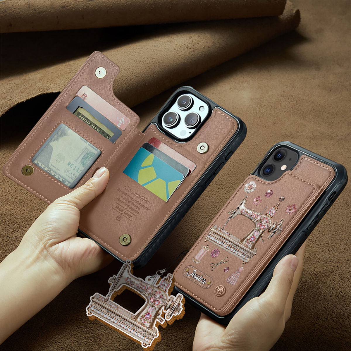 Magnifique machine à coudre - Étui portefeuille personnalisé pour téléphone