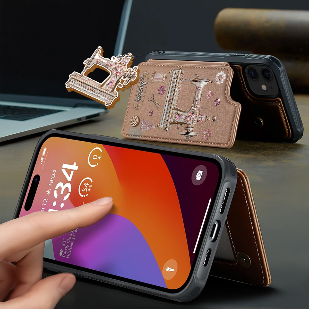 Magnifique machine à coudre - Étui portefeuille personnalisé pour téléphone