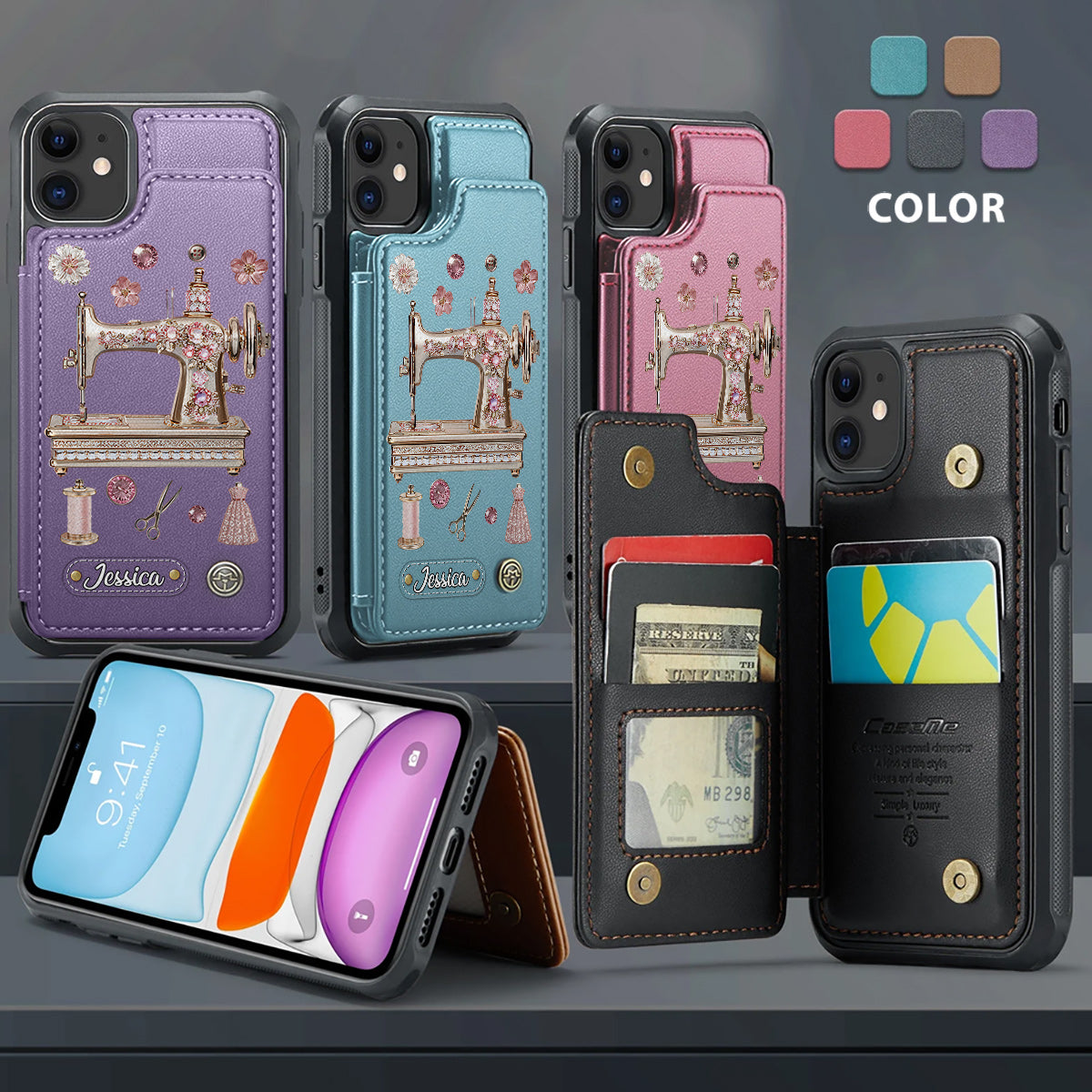 Magnifique machine à coudre - Étui portefeuille personnalisé pour téléphone