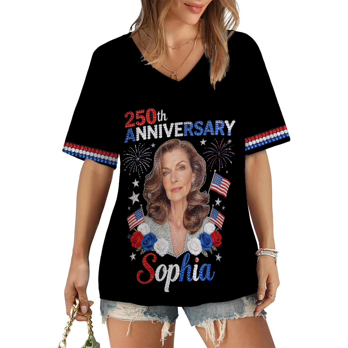 T-shirt V-Neck Personnalisé - Photo Personnalisée pour le 4 Juillet