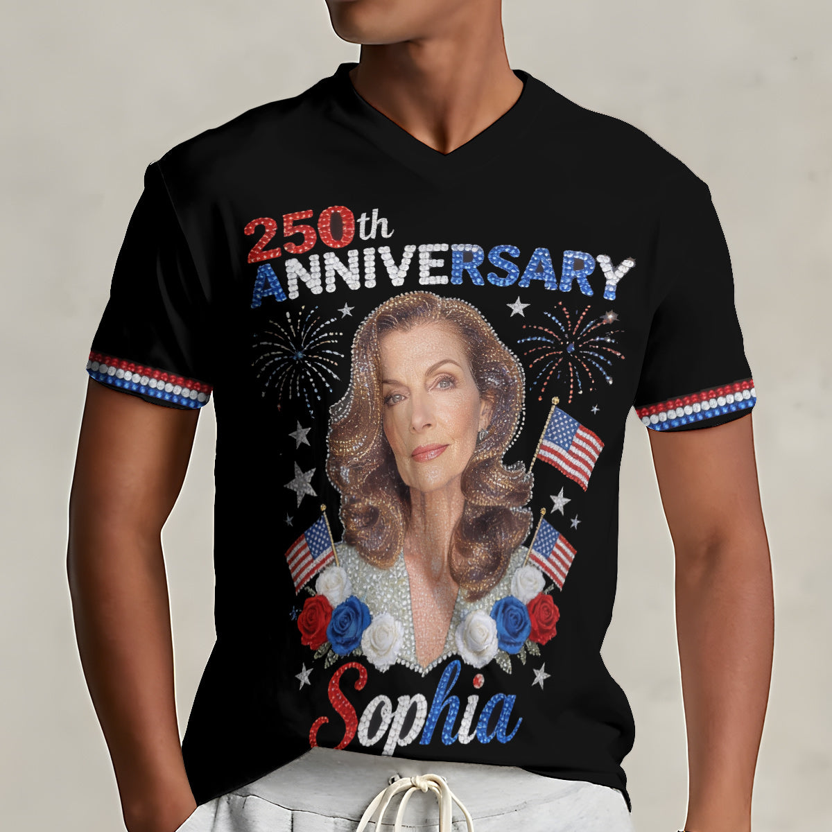 T-shirt V-Neck Personnalisé - Photo Personnalisée pour le 4 Juillet