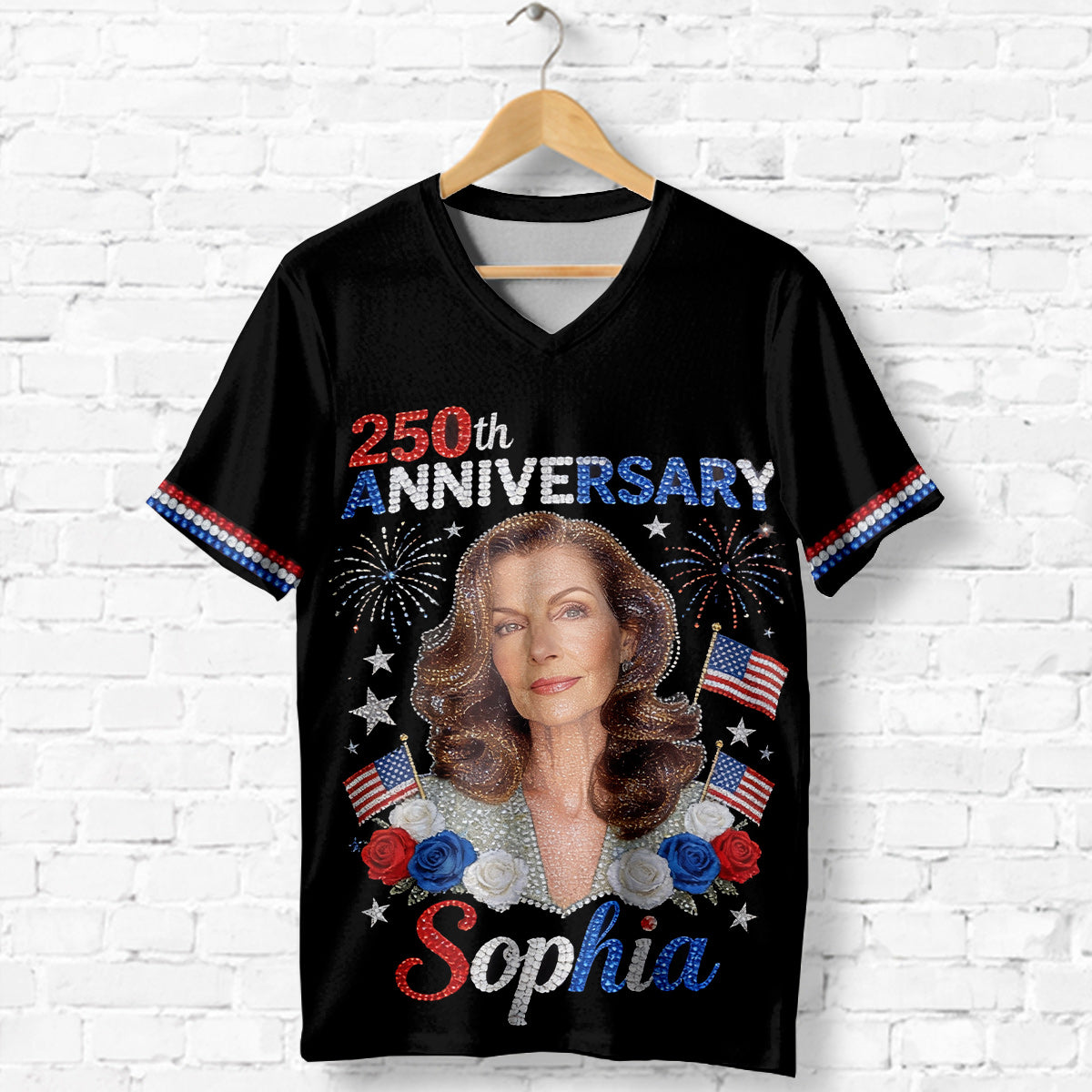 T-shirt V-Neck Personnalisé - Photo Personnalisée pour le 4 Juillet