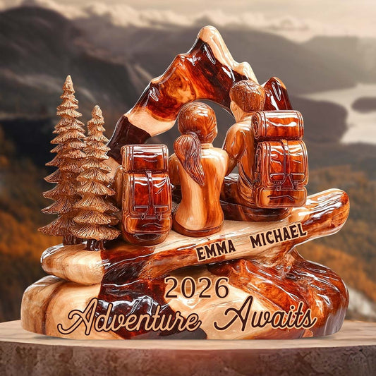 Hiking Couple Adventure Awaits - Personalized Hiking Custom Shaped Wood Plaque