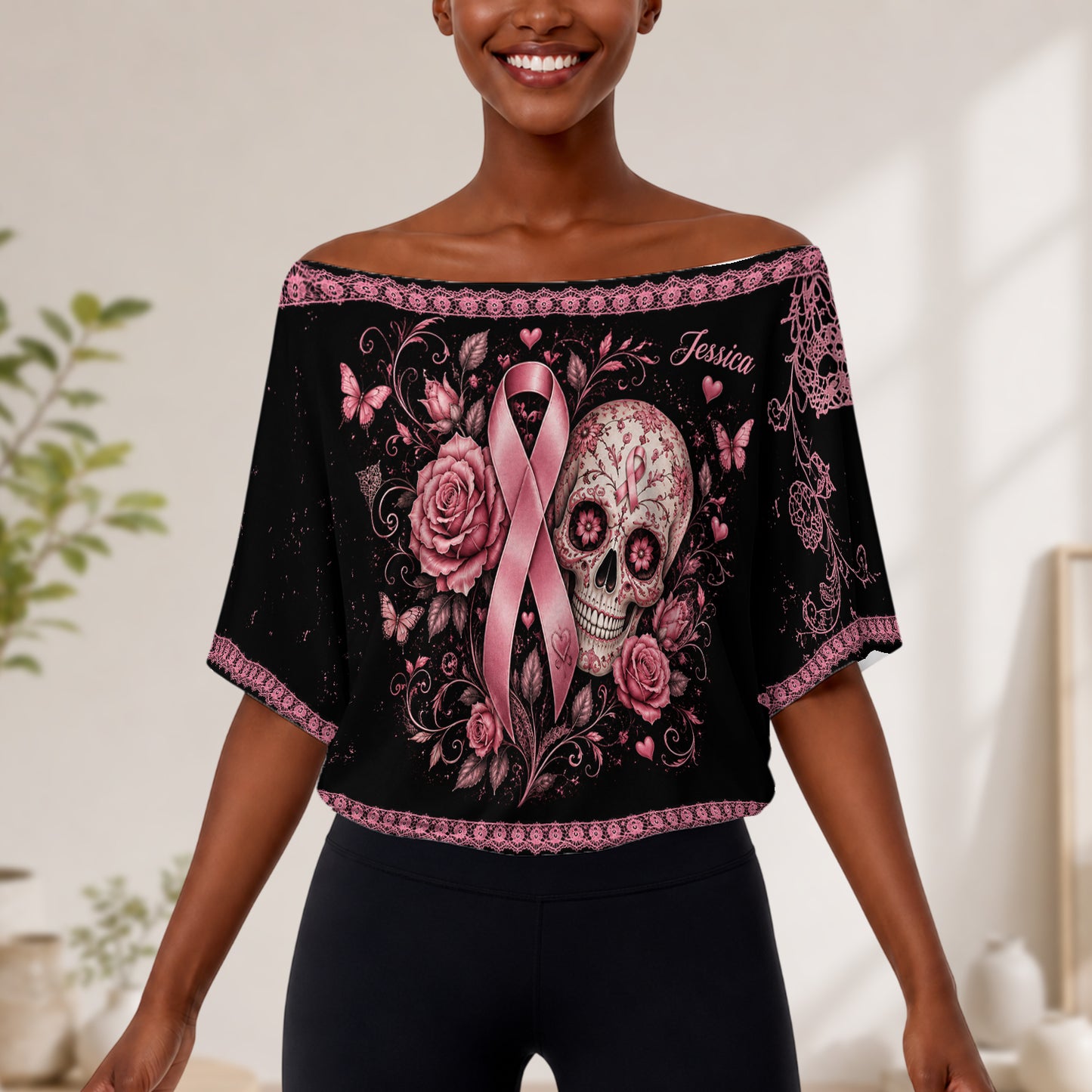 Breast Cancer Awareness - Personalized Breast Cancer Awareness Off-Shoulder Top Set