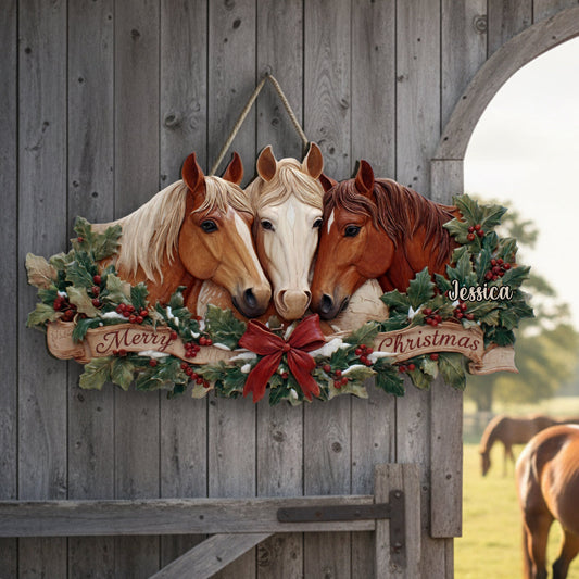 Christmas Horses - Personalized Horse Custom Shaped Wood Sign