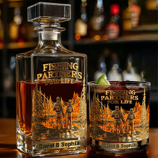 Partenaires de pêche pour la vie - Coffret carafe à whisky personnalisée sur le thème de la pêche