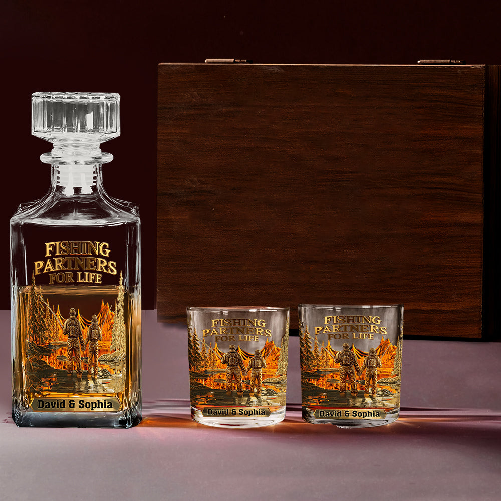 Partenaires de pêche pour la vie - Coffret carafe à whisky personnalisée sur le thème de la pêche