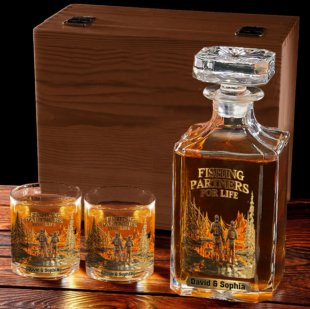 Partenaires de pêche pour la vie - Coffret carafe à whisky personnalisée sur le thème de la pêche