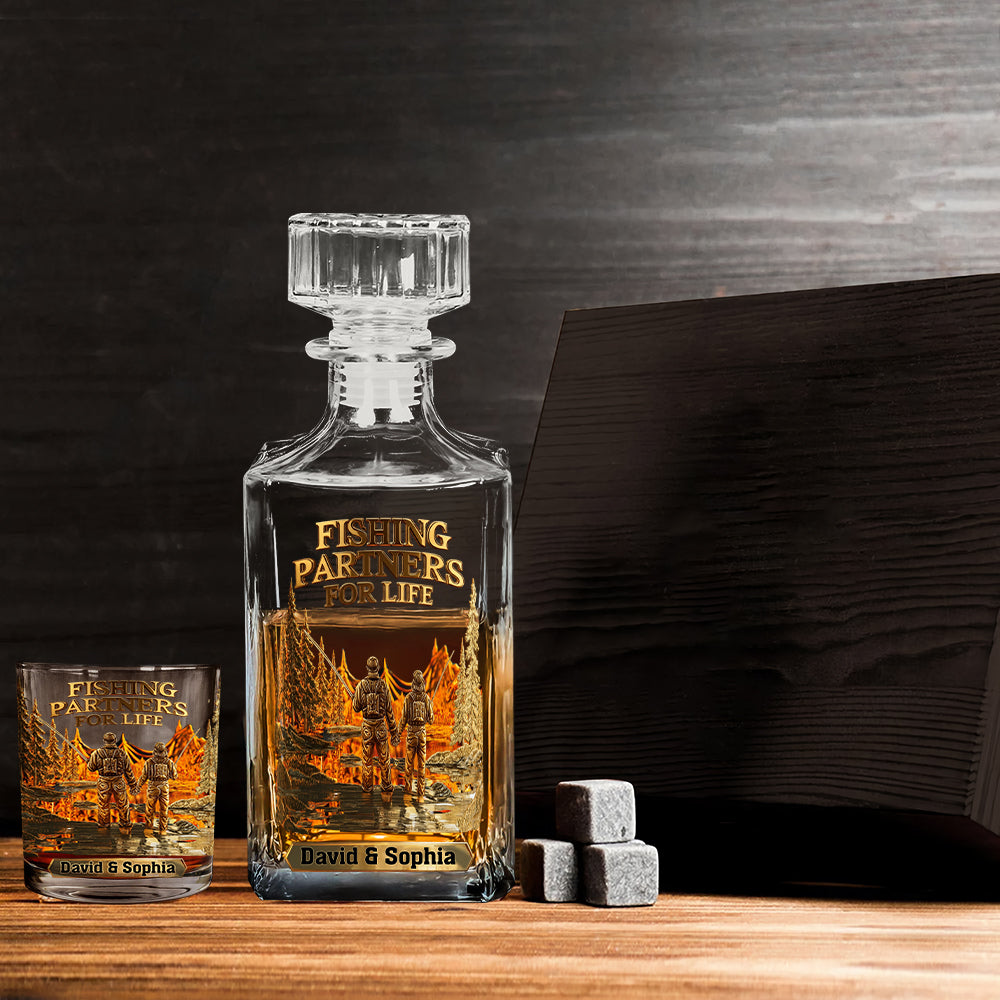 Partenaires de pêche pour la vie - Coffret carafe à whisky personnalisée sur le thème de la pêche