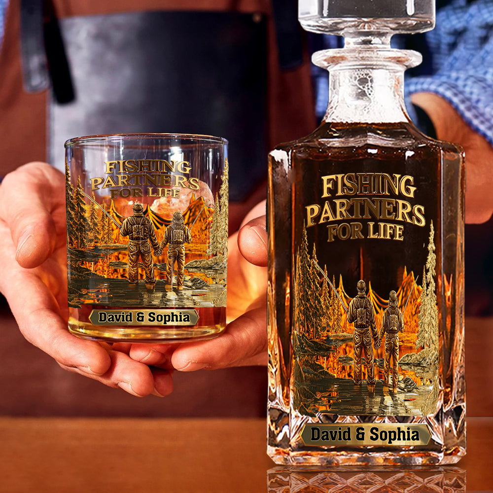 Partenaires de pêche pour la vie - Coffret carafe à whisky personnalisée sur le thème de la pêche