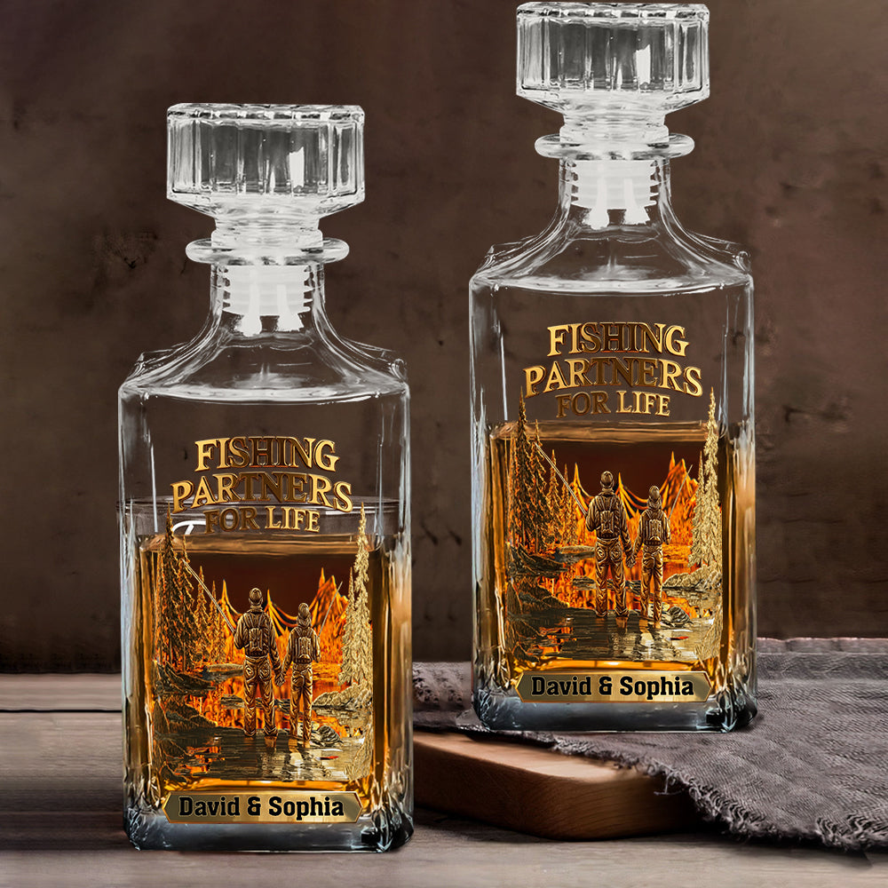 Partenaires de pêche pour la vie - Coffret carafe à whisky personnalisée sur le thème de la pêche