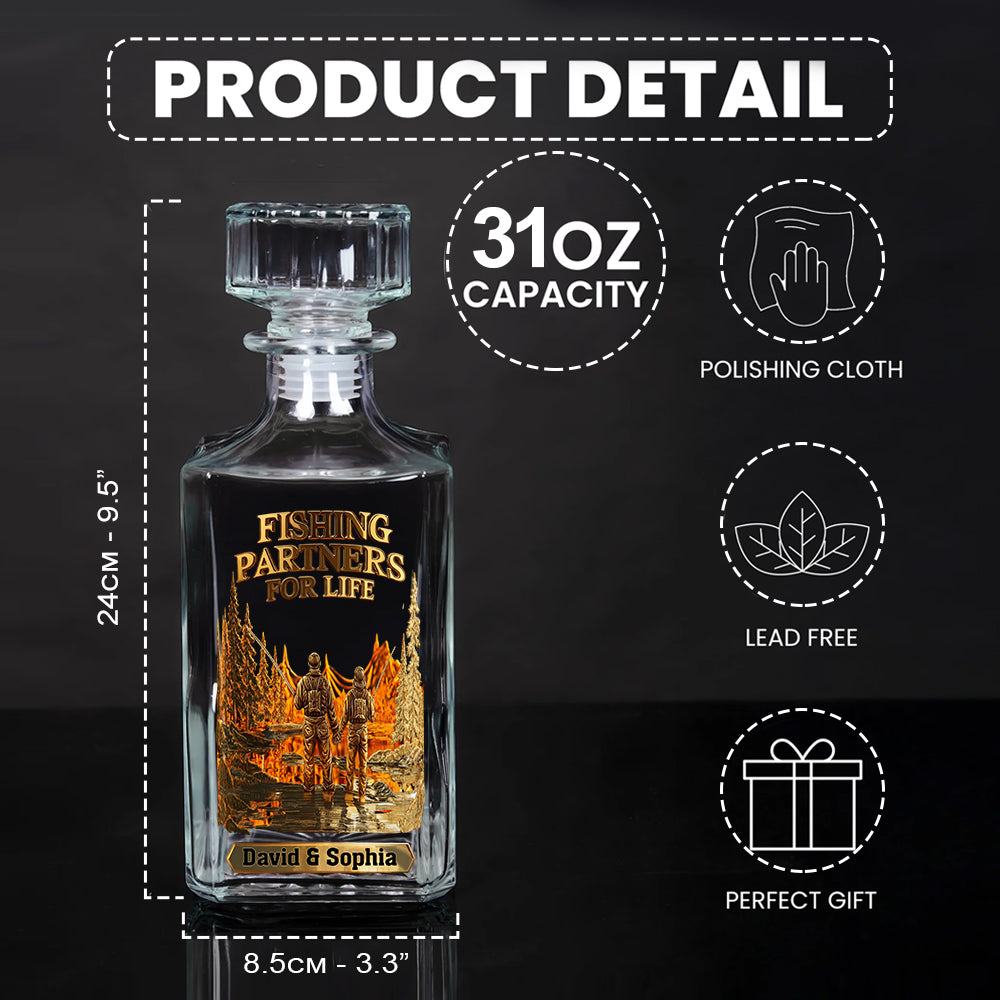 Partenaires de pêche pour la vie - Coffret carafe à whisky personnalisée sur le thème de la pêche