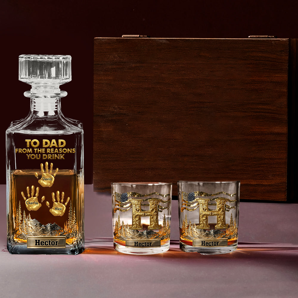 À papa, grand-père… Coffret carafe à whisky personnalisée « Les raisons pour lesquelles vous buvez »