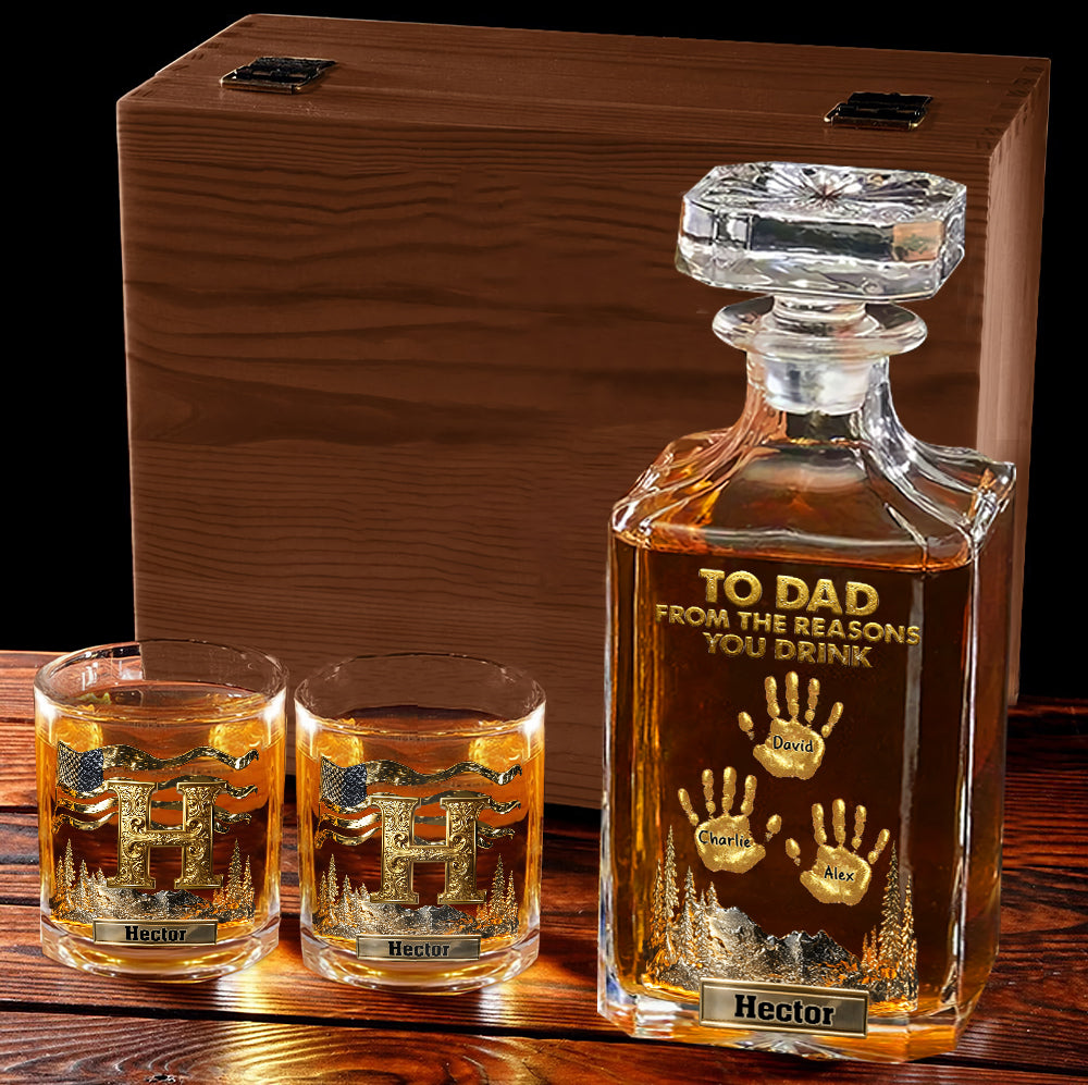 À papa, grand-père… Coffret carafe à whisky personnalisée « Les raisons pour lesquelles vous buvez »