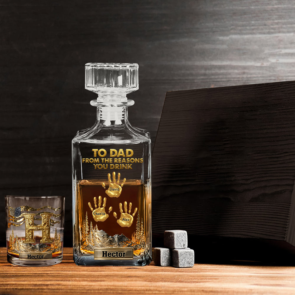 À papa, grand-père… Coffret carafe à whisky personnalisée « Les raisons pour lesquelles vous buvez »