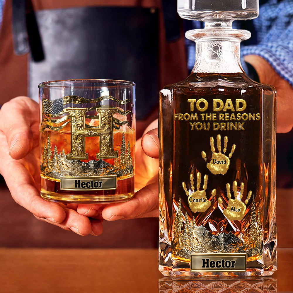 À papa, grand-père… Coffret carafe à whisky personnalisée « Les raisons pour lesquelles vous buvez »