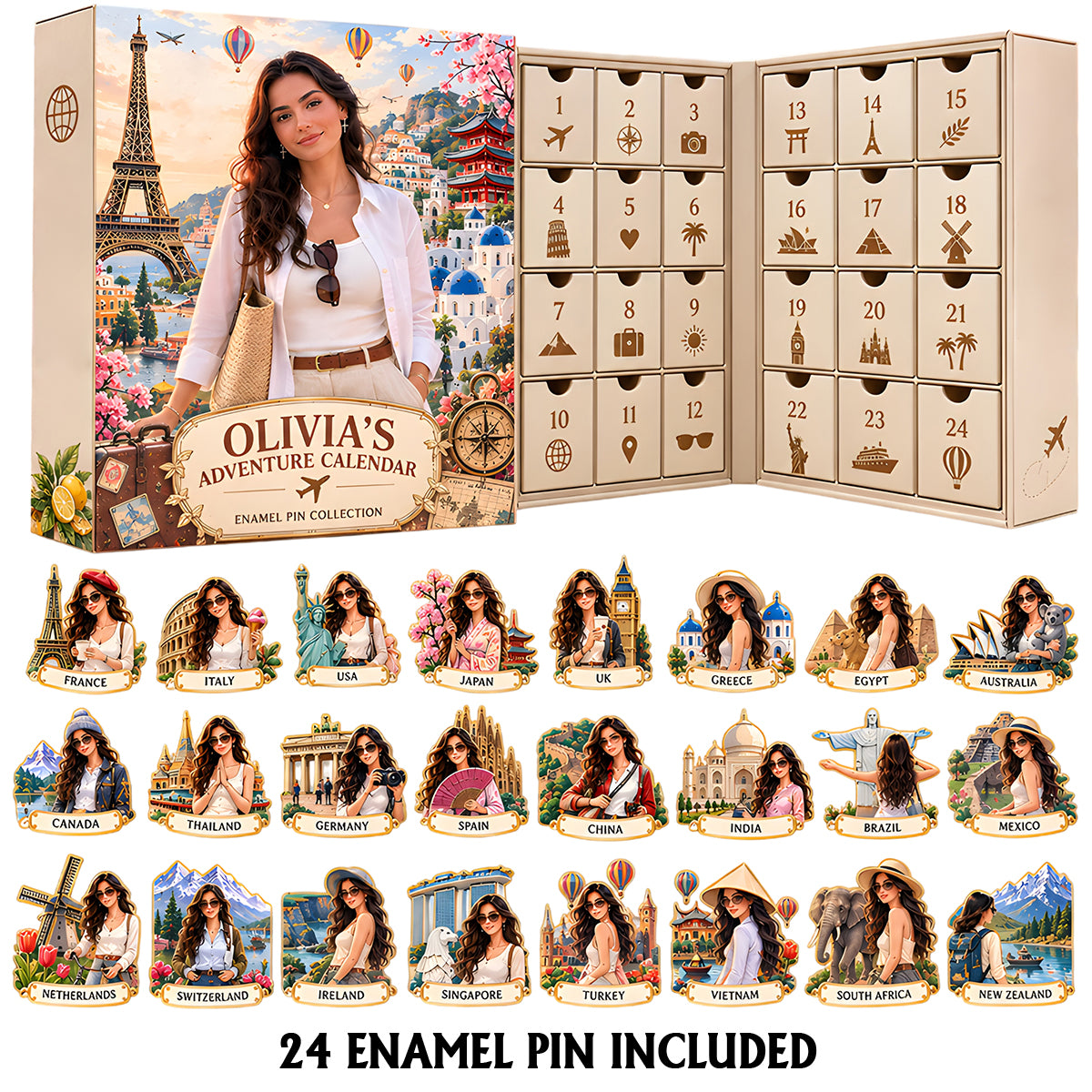 New Adventures Gift For Travelers - Personalized Travelling Advent Calendar Enamel Pin Set