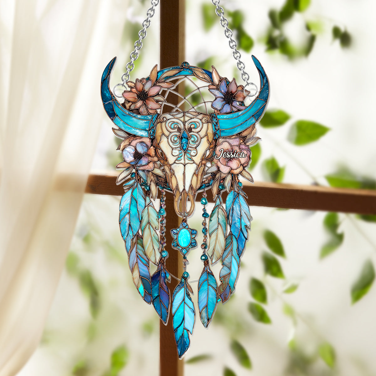 Floral Bull Skull - Personalized Cowgirl Window Hanging Suncatcher Ornament