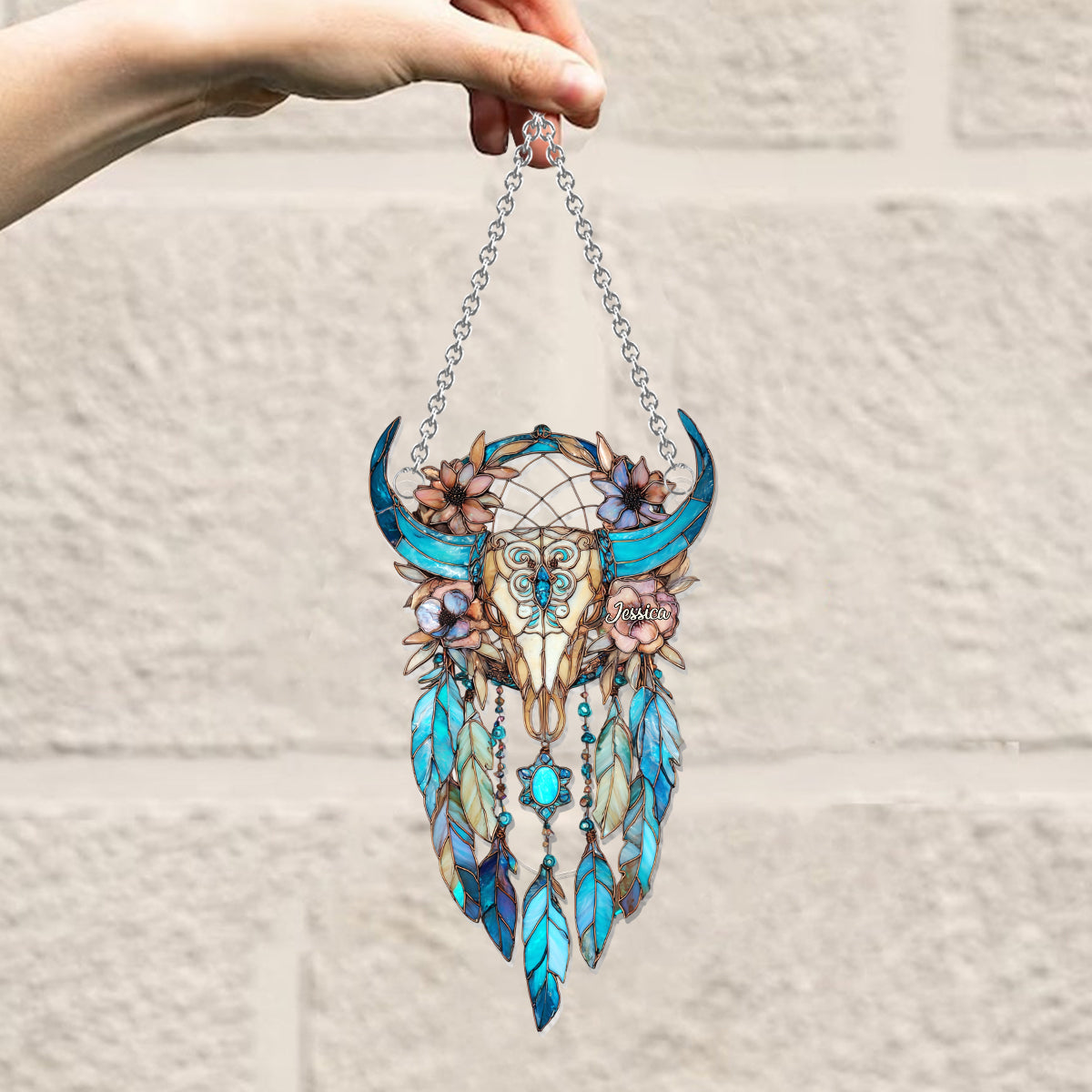 Floral Bull Skull - Personalized Cowgirl Window Hanging Suncatcher Ornament