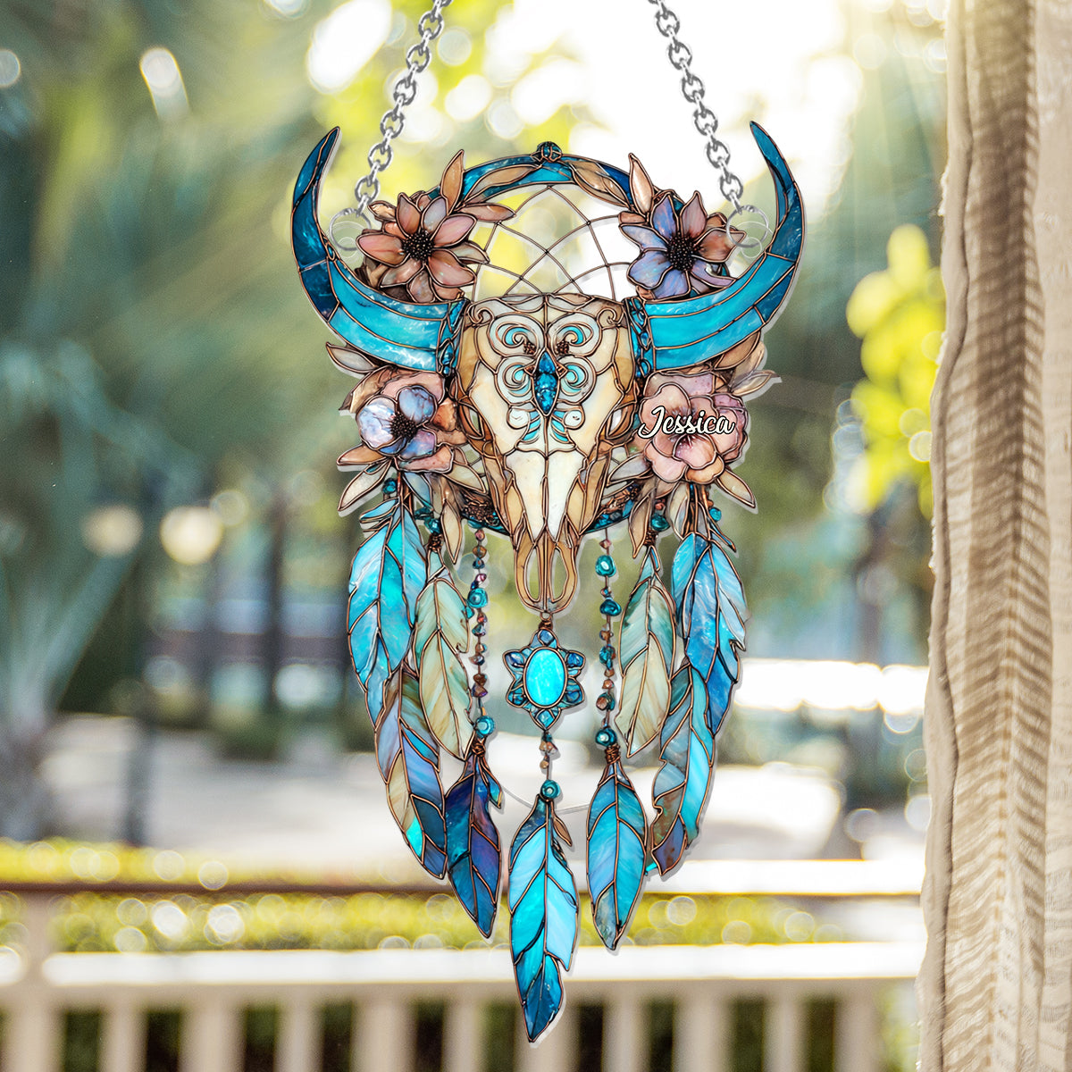 Floral Bull Skull - Personalized Cowgirl Window Hanging Suncatcher Ornament