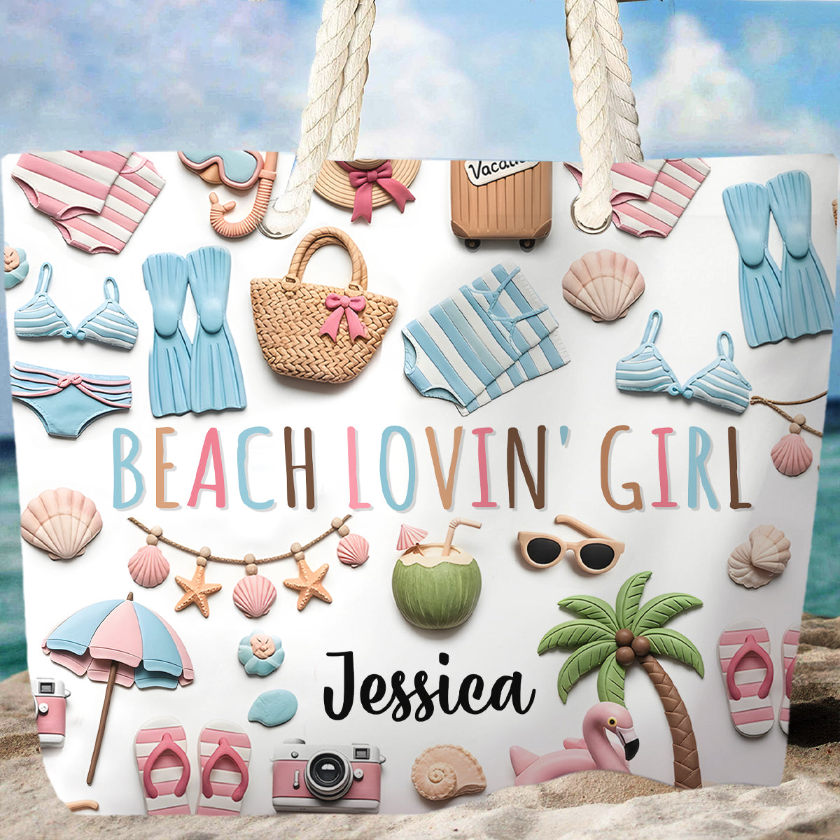 Sac de plage personnalisé « Beach Lovin' Girl » pour amoureuse de la mer
