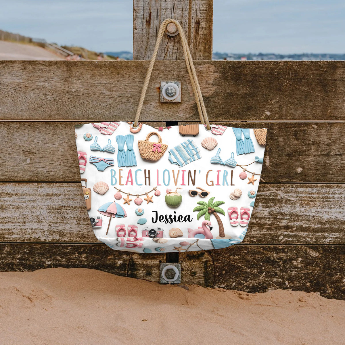 Sac de plage personnalisé « Beach Lovin' Girl » pour amoureuse de la mer