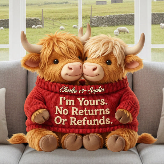 Je suis à toi. Ni retour ni remboursement - Coussin personnalisé en fausse fourrure en forme de vache des Highlands