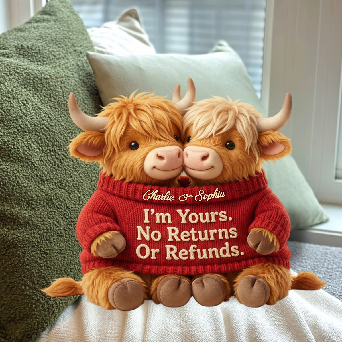 Je suis à toi. Ni retour ni remboursement - Coussin personnalisé en fausse fourrure en forme de vache des Highlands