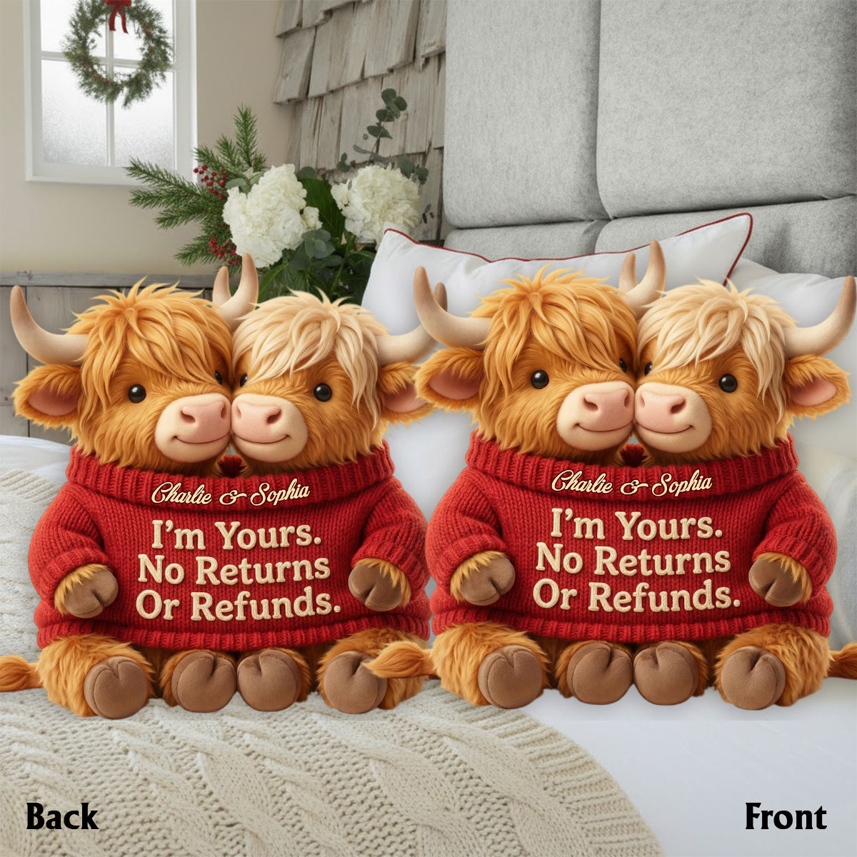 Je suis à toi. Ni retour ni remboursement - Coussin personnalisé en fausse fourrure en forme de vache des Highlands