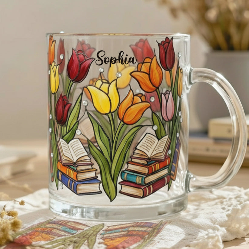 Mug en verre personnalisé Tulipe et Livre - Mug en verre avec livre