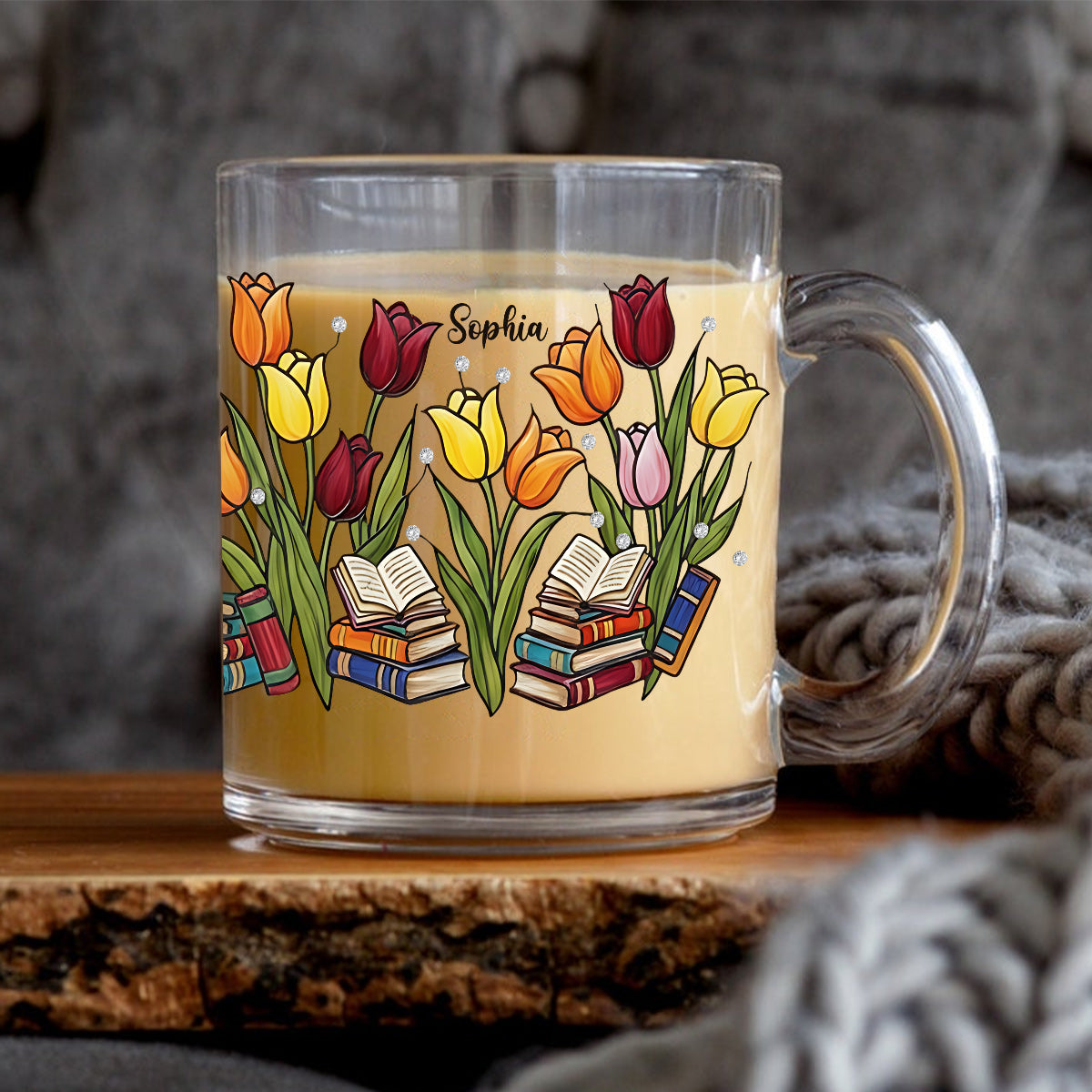 Mug en verre personnalisé Tulipe et Livre - Mug en verre avec livre
