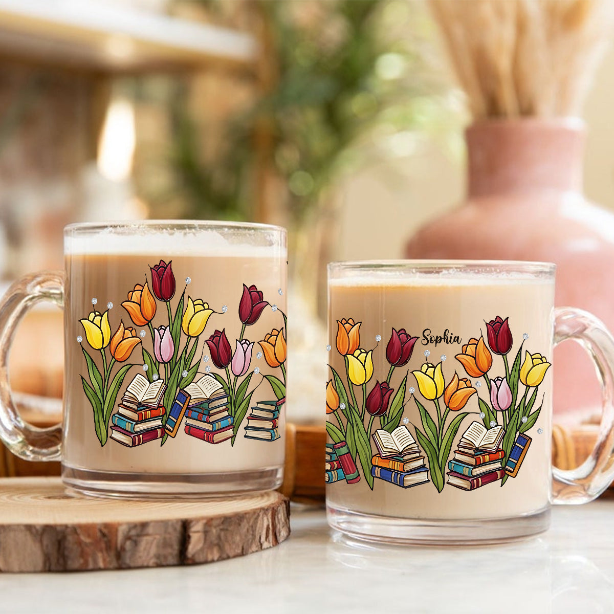 Mug en verre personnalisé Tulipe et Livre - Mug en verre avec livre