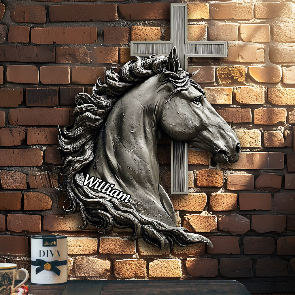 Cheval et Croix - Panneau en métal découpé chrétien personnalisé