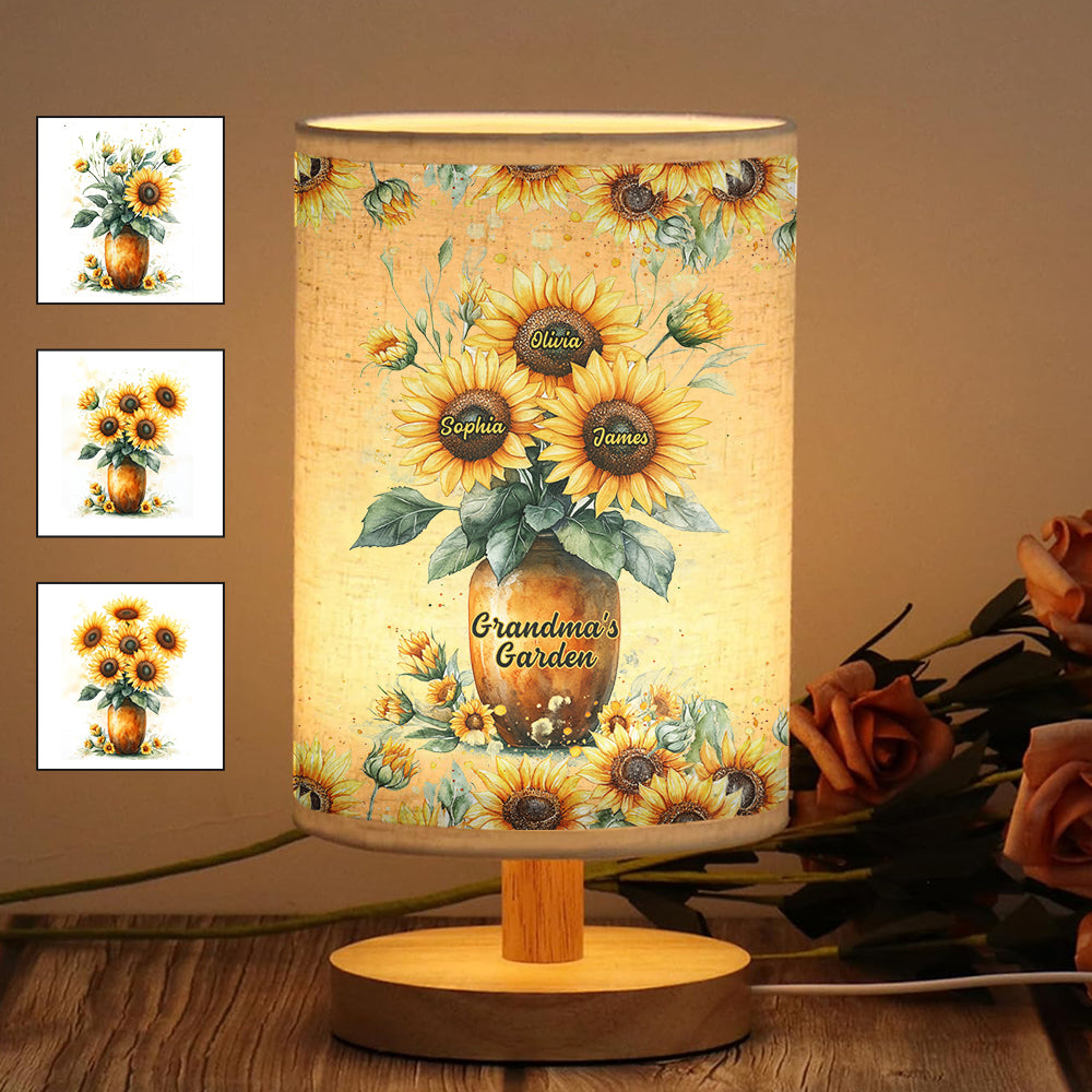 Lampe de table personnalisée « Jardin de grand-mère » avec pied en bois
