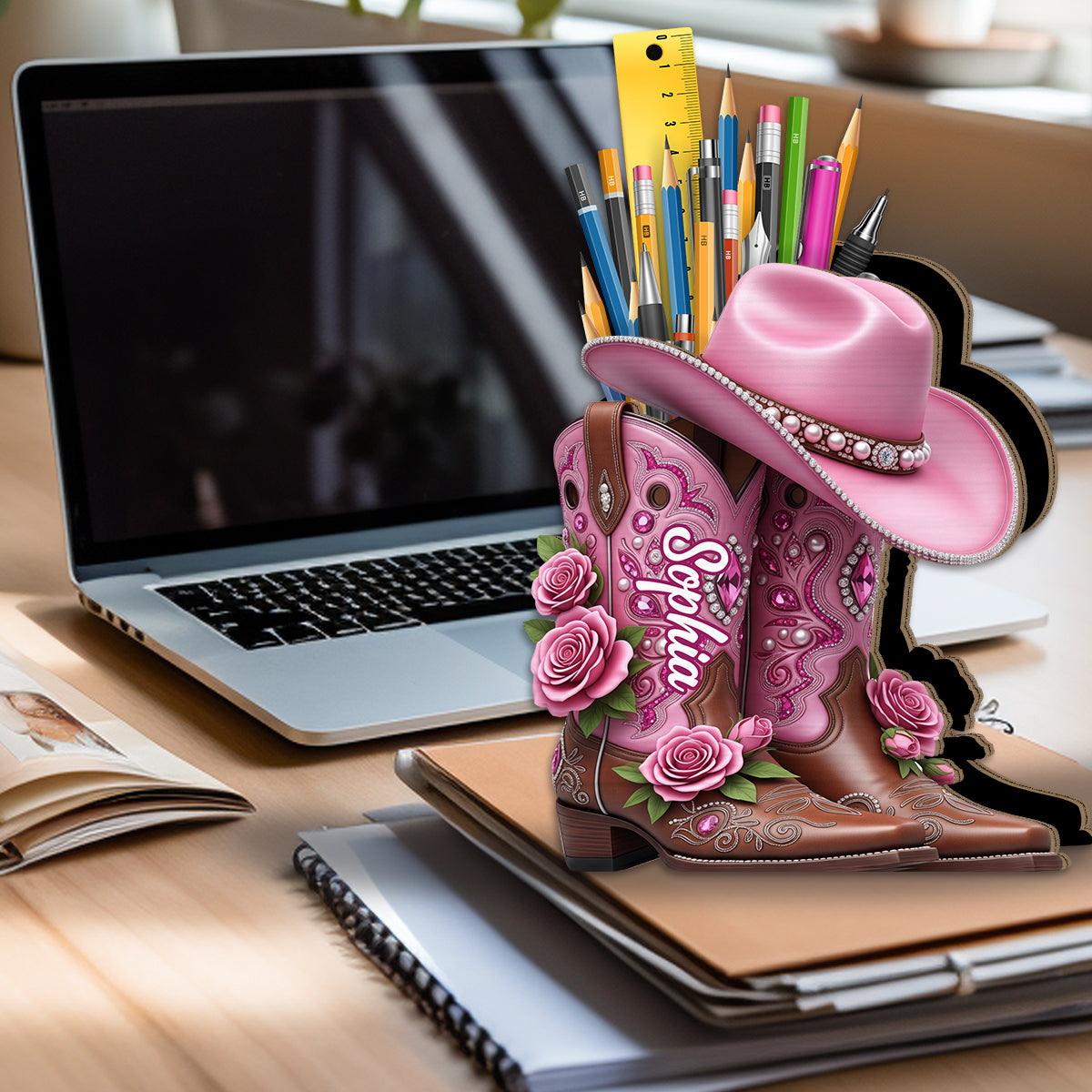 Cowgirl Boots - Personalized Cowgirl Wooden Makeup Brush Holder