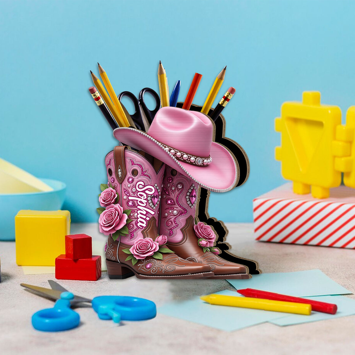 Cowgirl Boots - Personalized Cowgirl Wooden Makeup Brush Holder