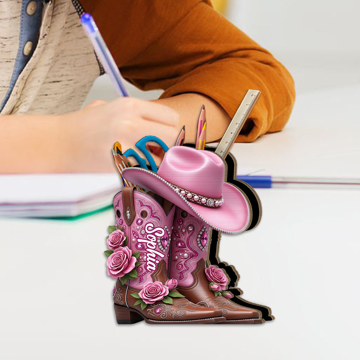 Cowgirl Boots - Personalized Cowgirl Wooden Makeup Brush Holder