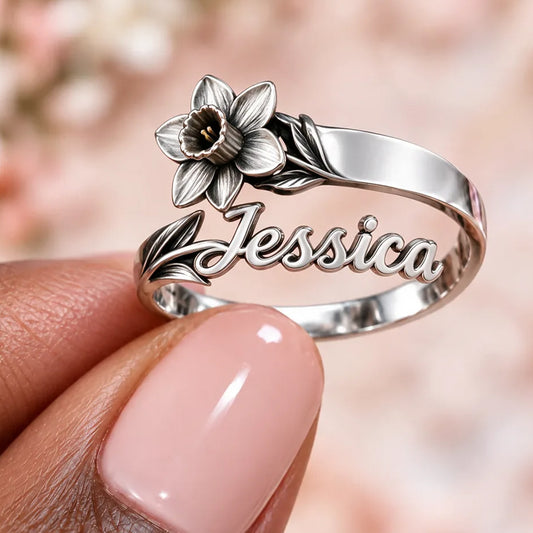 Personnalisez avec n'importe quelle fleur et nom - Bague ajustable en forme d'amour de soi