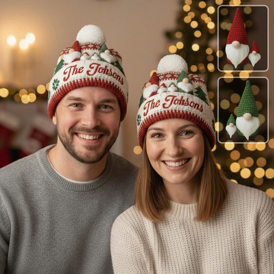 Noël en famille avec des gnomes - Bonnet familial personnalisé
